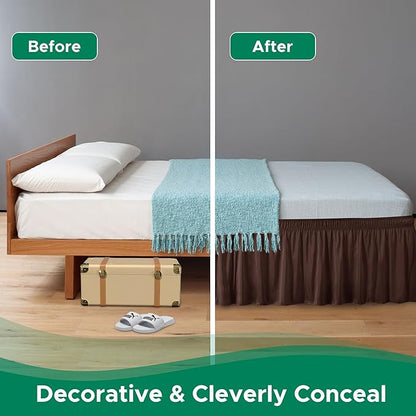 Biscaynebay Wrap Around Bed Skirts for Queen Beds 22" Long Drop, Brown Adjustable Elastic Dust Ruffles Easy Fit Wrinkle Resistant Silky Luxurious Fabric Machine Washable
