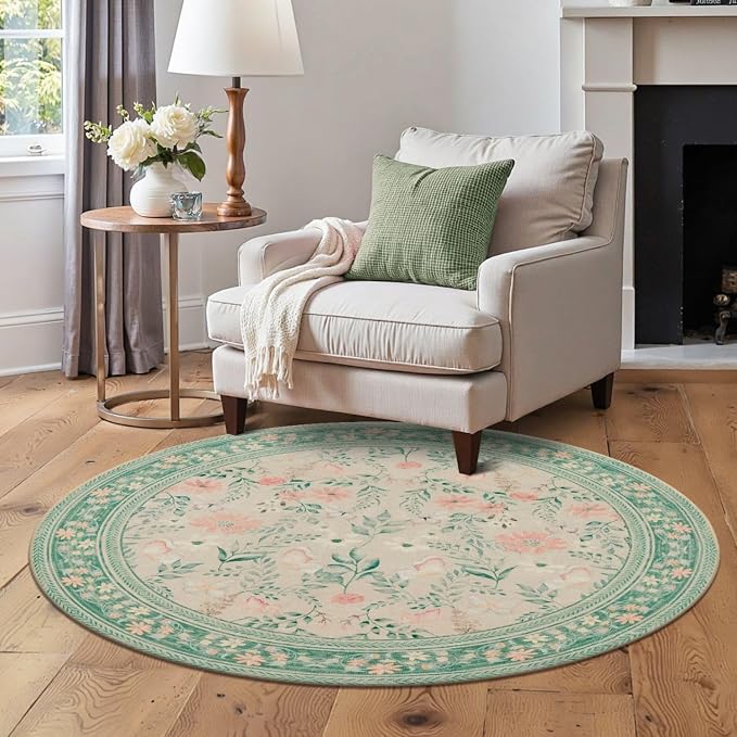 4ft Floral Round Rug, Washable Circle Rug, Non Slip Low Pile Carpet - Image 3