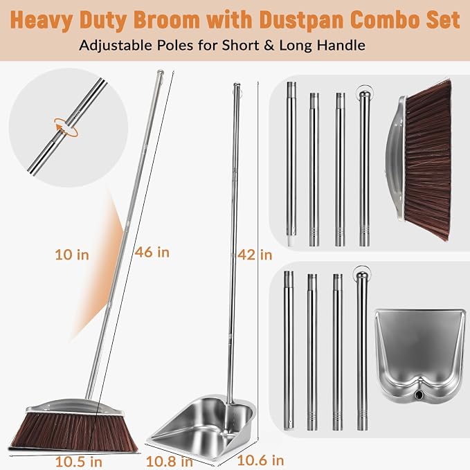 VOOWO Broom with Dustpan Combo Set, Heavy Duty Dust Pan with Long Handle - Image 2