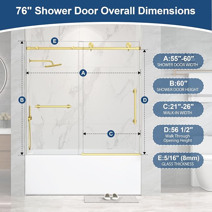 Frameless Tub Sliding Door, 5/16" Bathtub Shower Door - Image 2