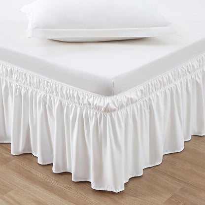 MEILA Wrap Around Bed Skirt Three Fabric Sides Elastic Dust Ruffled 14 Inch Tailored Drop,Easy to Install Fade Resistant-Natural White, Twin/Full