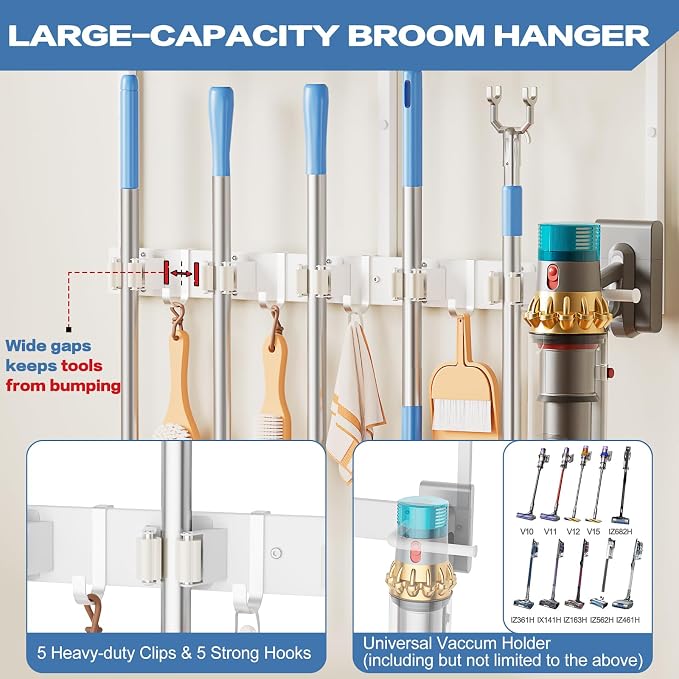 Broom Holder Wall Mount with Cleaning Supplies Organizer, Laundry Room - Image 3