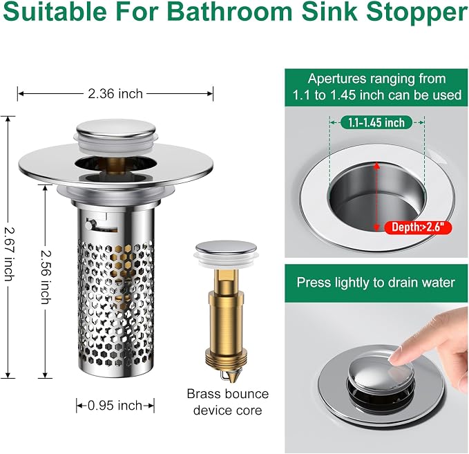 ​Bathroom Sink Drain Strainer, Universal Pop-Up Sink Stopper Hair Catcher - Image 2