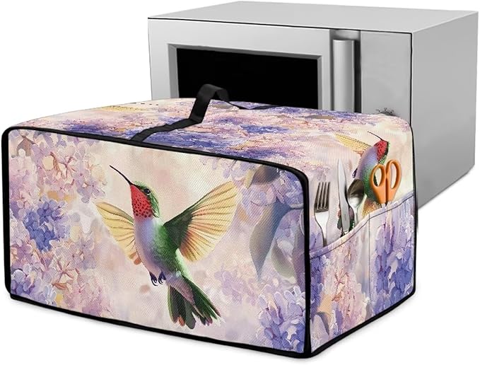 Hummingbird Hydrangea Floral Print Dust Cover for Microwave Oven Waterproof Heavy Duty Microwave Oven Cloth Cover with Storage Pockets Kitchen Appliance Protector, M