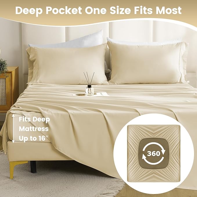 Breathable Cooling Full Sheet Set - Hotel Luxury 4 Piece Deep Pocket Sheets for Full Size Bed, Fits 16" Mattress, Easy Care Wrinkle Free Bedding Sheet and Pillowcase Set, Beige