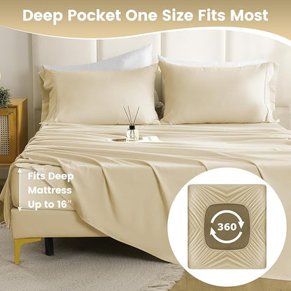 Breathable Cooling Full Sheet Set - Hotel Luxury 4 Piece Deep Pocket Sheets for Full Size Bed, Fits 16" Mattress, Easy Care Wrinkle Free Bedding Sheet and Pillowcase Set, Beige