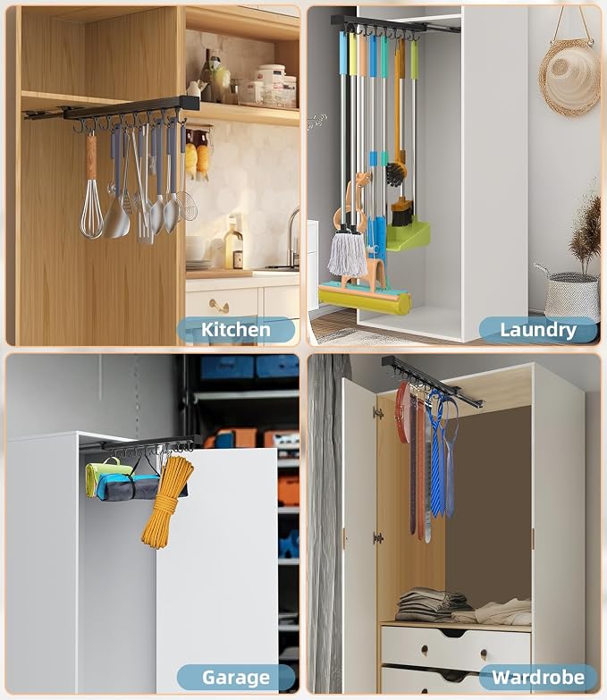 Pull Out Broom Holder With Adjustable Double Row Sliding Hook, - Image 6