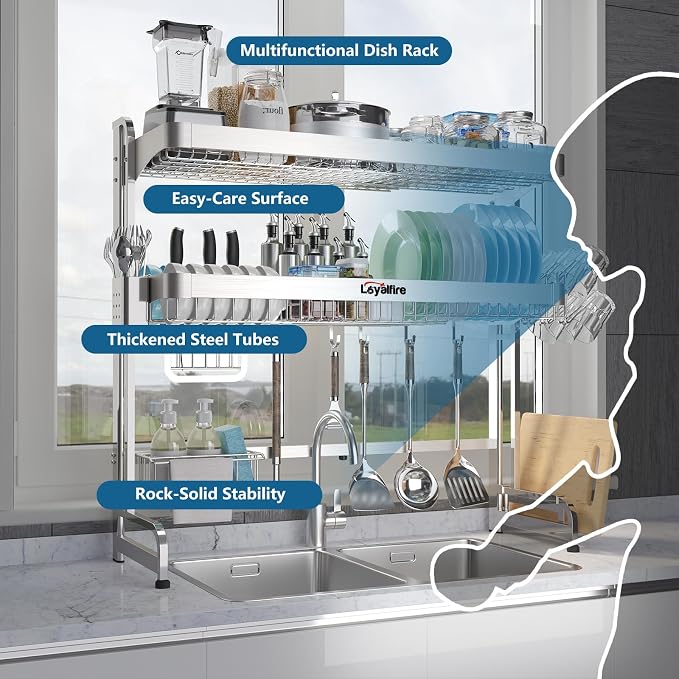 Over Sink Dish Drying Rack, 3 Tier Adjustable Length Full Stainless Steel Large - Image 3
