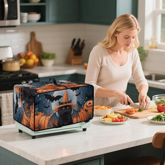 Bat Cat Pumpkin Moon Print Toaster Oven Cover Dust-Proof Microwave Oven Grill Cover Protector with Top Handle Reusable Reusable Kitchen Accessories for Halloween Decor, M