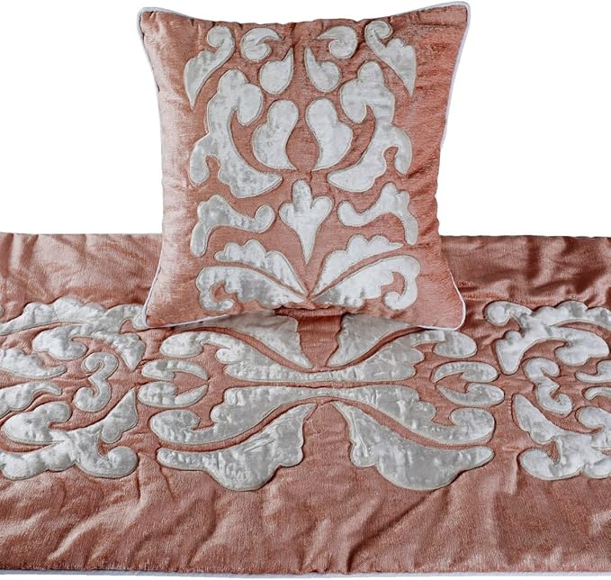 The HomeCentric Luxury Peach & Ivory Full 68 x 18 inch Bed Runner with 2 Pillow Cover, Velvet Applique Bed Scarf, Abstract Modern - Peach Elegance