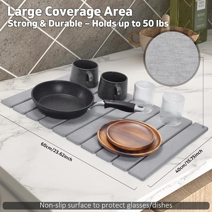 Large Stone Dish Drying Mat for Kitchen Counter, Collapsible Quick Dry Dish - Image 3