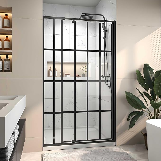 38-42" W x 71" H Pivot Glass Shower Door, Grid Pattern, 1/4" Thick SGCC - Image 3