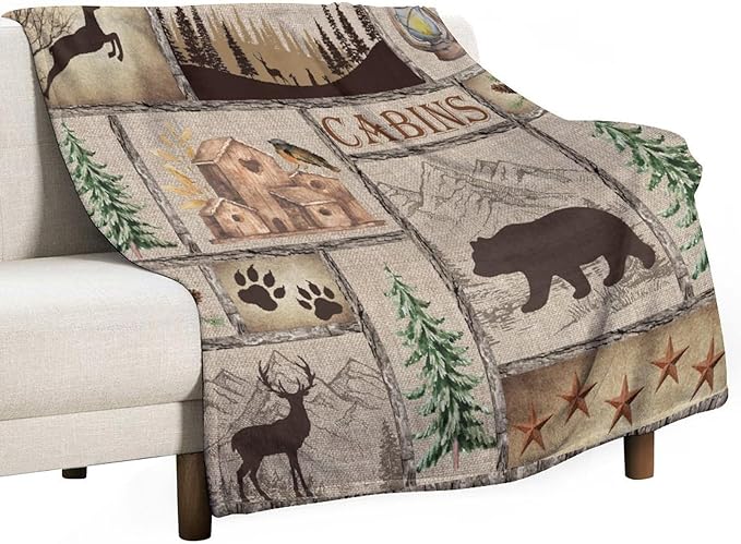 Rustic Cabin Bear Blanket, Lake Country Lodge Bear Deer Forest Farmhouse Camp Print Soft Warm Cozy Lightweight Decorative Blanket for Couch Bed Sofa Travel, 50"x60"