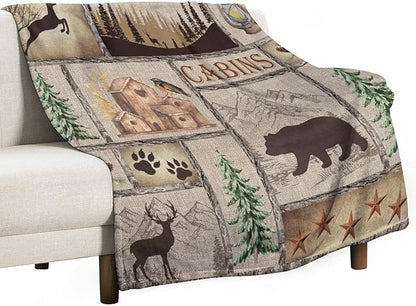 Rustic Cabin Bear Blanket, Lake Country Lodge Bear Deer Forest Farmhouse Camp Print Soft Warm Cozy Lightweight Decorative Blanket for Couch Bed Sofa Travel, 50"x60"