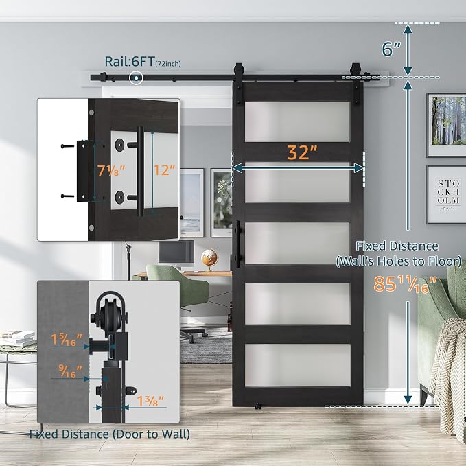 32'' x 84'' Glass Barn Door and 6 Ft Hardware Kit Included, MDF White Barn Door - Image 2