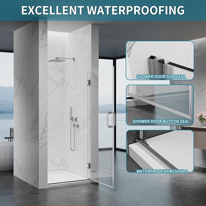 Framelss Hinged Shower Door, 3/8" Tempered Glass - Image 6