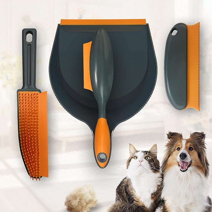 Pet Hair Removal Set with Double-Sided Carpet Brush, Dustpan and Comb, by Unknown