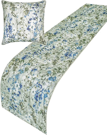The HomeCentric King/Queen/Twin Blue Decorative Bed Runner Full 68"x18" Bed Runner with One Pillow Cover, Quilted Bed Scarf on Cotton Fabric - Garden Grace