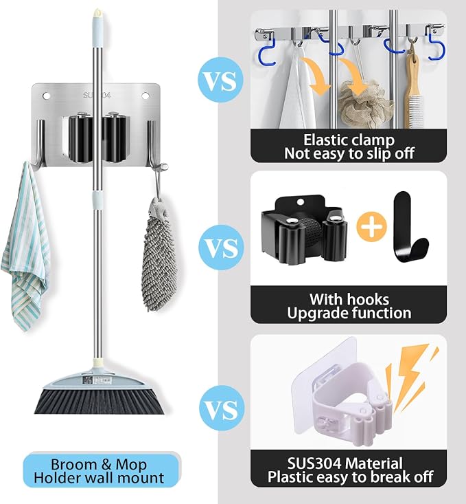 Mop and Broom Holder Wall Mount Stainless Steel 304 Tool Garage Organization - Image 4