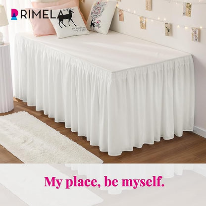 RIMELA Dorm Bed Skirt Twin XL 32 Inch Drop, Easy to Install Extra Long Wrap Around Elastic Dust Ruffle, Warm White Bedskirt Solid Silky Fabric Machine Washable (Twin XL 80“L x 39”W & Twin 75“L x 39”W)