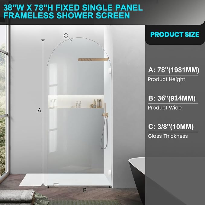 36" W ×78" H Shower Glass Panel, Glass Shower Door Single Panel - Image 3