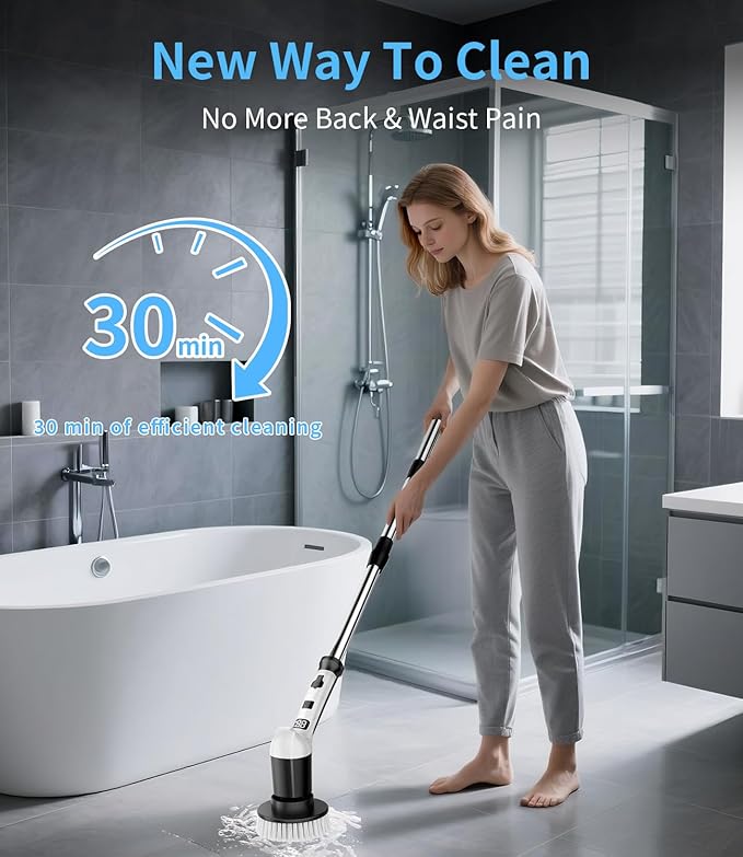 Electric Spin Scrubber with 3 Speed, Adjustable Extension Handle, 8 Brush Heads - Image 2