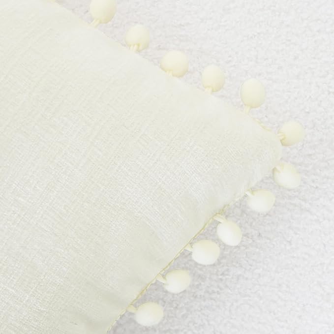 CaliTime Throw Pillow Covers Decorative 20 X 20 Inches Pack of 2 Cozy Solid Dyed Soft Chenille Cushion Cases with Pom Poms for Couch Sofa Bed Living Room Home Cream