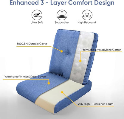 7-Piece Outdoor Patio Cushion Set - Fade & Water Resistant with Removable Olefin Cover, 22x24x4 Inch Memory Foam Cushions for Wicker Sectional Sof - Blue/Buckle