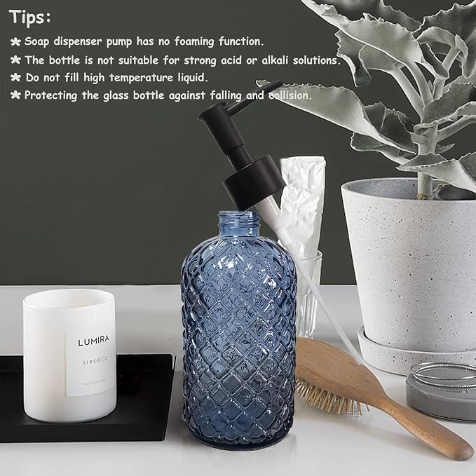Blue Glass Dish Soap Dispenser for Kitchen, 12oz Refillable Liquid Hand Soap - Image 6