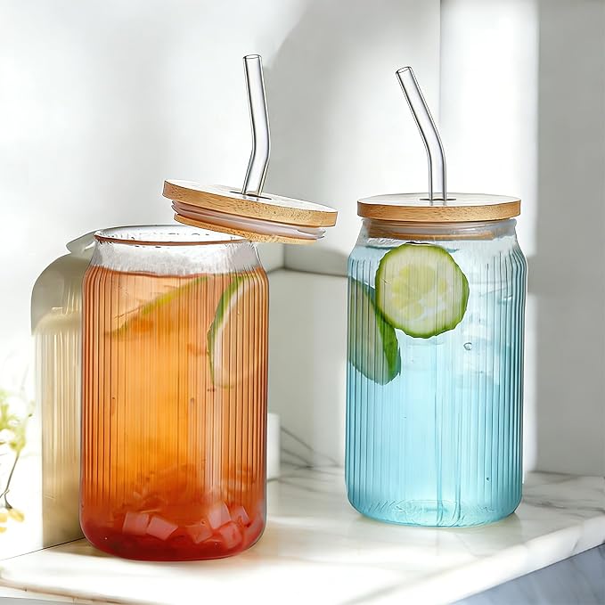 2 PCS Glass cups with Lids and Straws, 16 OZ Iced Coffee Cups, Ribbed Glass - Image 4