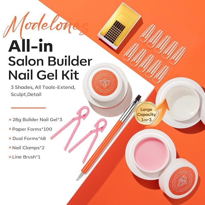 modelones Builder Nail Gel 3 Colors French Tip, 10-in-One Builder Clear Nude - Image 2