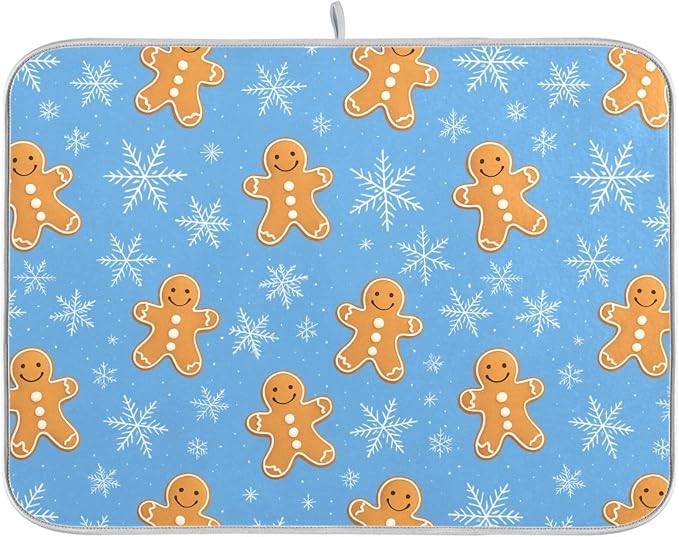 Snowflake Gingerbread Cookie Man Blue Dish Drying Mat by BOENLE-WELCOMEYOURCOMING