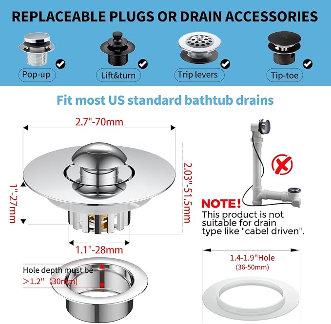 Universal Tub Stopper for Bathroom Sink & Bathtub Drain, 2-in-1 Pop Up Drain - Image 3