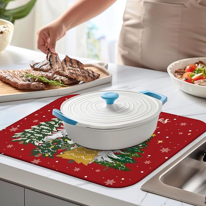 Christmas Kitchen Countertop Dish Drying Mat, Washable Absorbent Countertop - Image 4