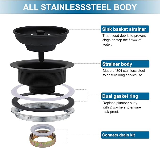ZM Kitchen Black Sink Stainless Steel Basket Strainer - Image 3