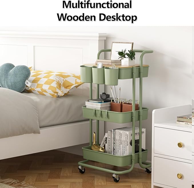 3 Tier Rolling Cart with Metal Handle, Table Top, Hanging Cups, Plastic Storage - Image 4