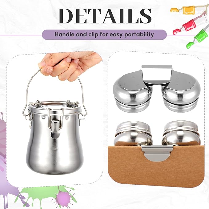 2 Pcs Paint Brush Cleaner Set Stainless Steel Double Dipper Palette Cup Paint - Image 3