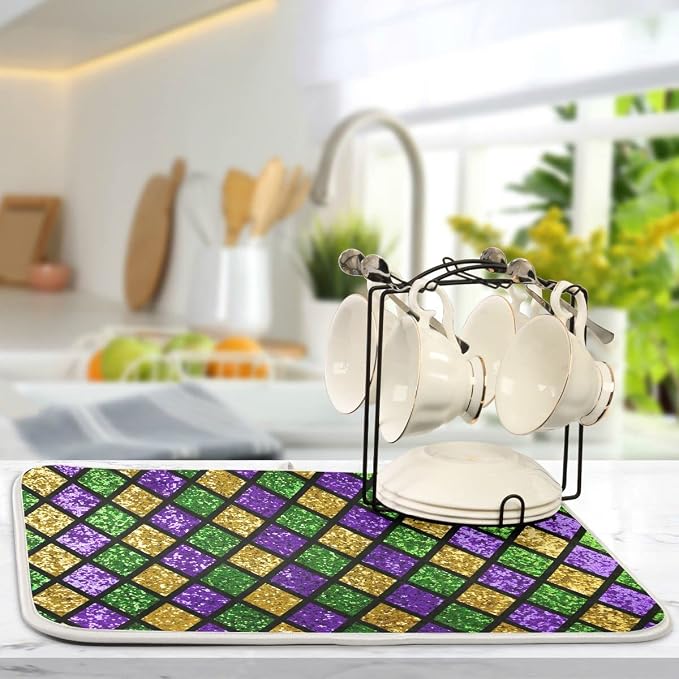 Mardi Gras Dish Drying Mat for Kitchen Gold Purple Green Buffalo Plaid - Image 5