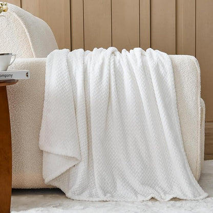 NEWCOSPLAY Super Soft Twin Blanket White Premium Silky Flannel Fleece Leaves Pattern Lightweight Bed Blanket All Season Use (White, Twin(60"x80"))