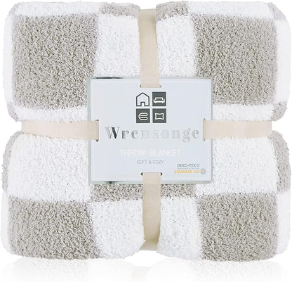 WRENSONGE Checkered Throw Blanket, Light Grey Soft Cozy Fluffy Warm Hand Made Throw Blankets for Couch, Sofa, Chair, Bed, Camping, Picnic, Travel Lightweight Bed Blanket - 50"*70"