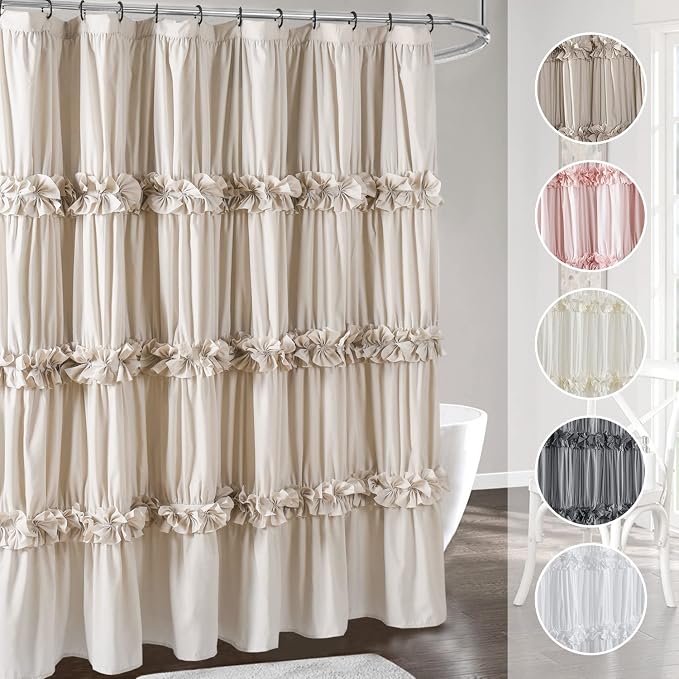 Camel Ruffle Shower Curtain, Vintage Handcrafted Bow Tie Ruched Microfiber Bath - Image 6