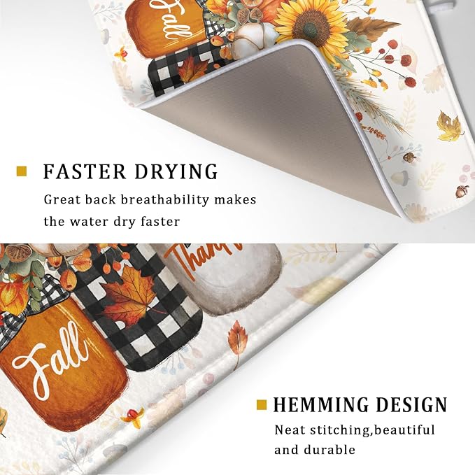 Autumn Pumpkin Dish Drying Mat 18x24 Inch Sunflower Flower Vase Washable - Image 3
