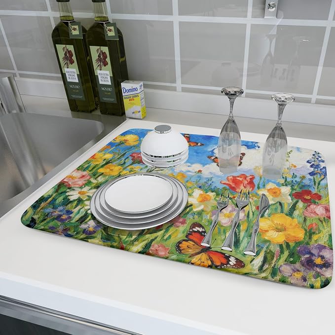 Floral Dish Drying Mat for Kitchen Counter 18x24 Spring Summer Theme Colorful - Image 6