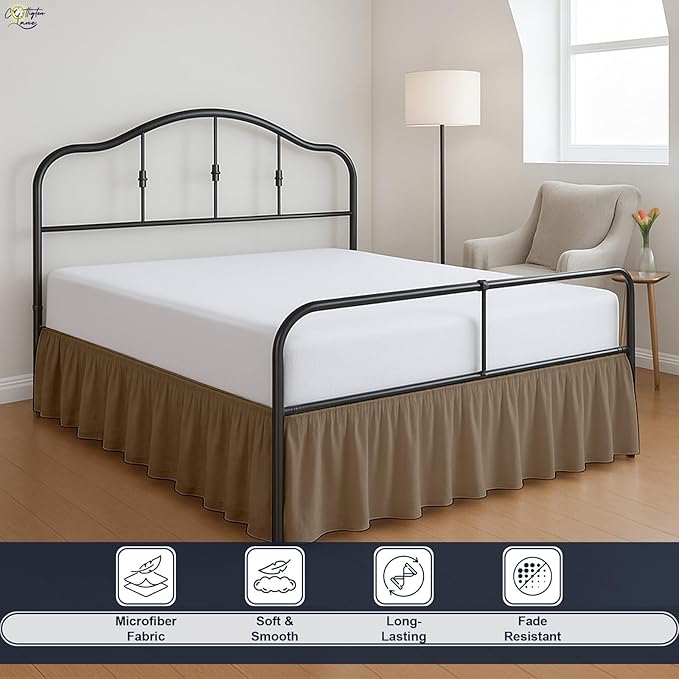 Cottington Lane Ruffled Bed Skirt King Size with Split Corner, Brushed Microfiber Hotel Quality Taupe Dust Ruffle, 15 Inch Drop Gathered Bedskirt, Soft and Stylish, Shrinkage and Fade Resistant