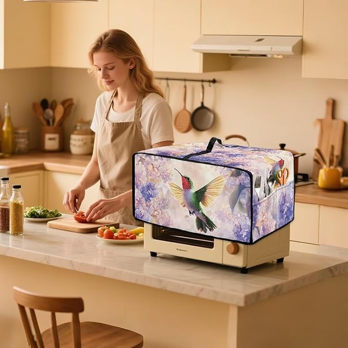 Hummingbird Hydrangea Floral Print Dust Cover for Microwave Oven Waterproof Heavy Duty Microwave Oven Cloth Cover with Storage Pockets Kitchen Appliance Protector, M