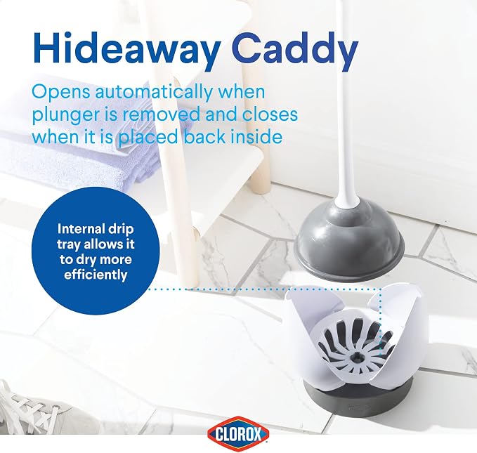 Clorox Toilet Plunger with Hideaway Holder Caddy Heavy-Duty Compact Design with - Image 7