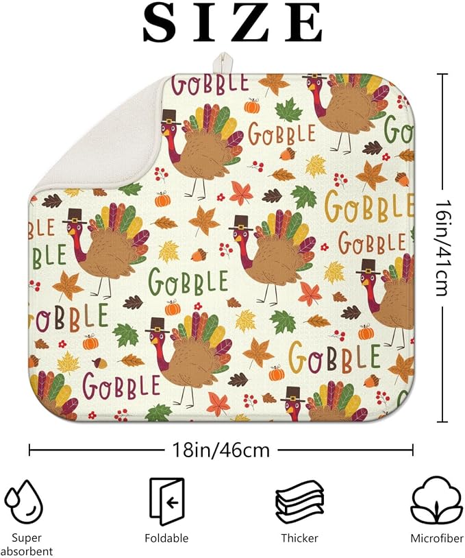 Thanksgiving Dish Drying Mat for Kitchen Counter, Cream Turkey Pattern - Image 2