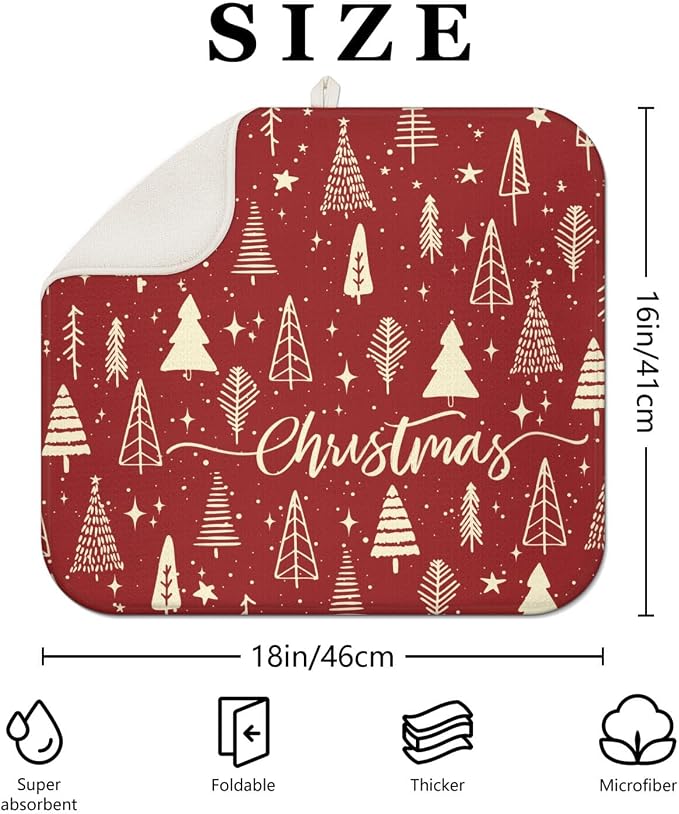 Christmas Kitchen Countertop Dish Drying Mat, Washable Absorbent Countertop - Image 2