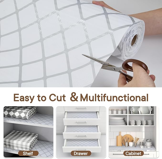 Shelf and Drawer Liner for Kitchen Cabinets Non-Adhesive, Strong Grip Non-Slip Thickened Cabinet Liners for Shelves, Waterproof Mats for Dresser Cupboard, Silver Stripe, 12 in x 20 Feet