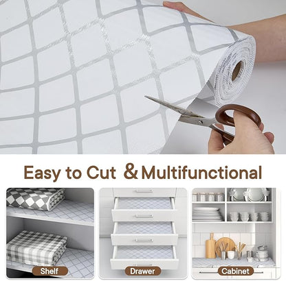 Shelf and Drawer Liner for Kitchen Cabinets Non-Adhesive, Strong Grip Non-Slip Thickened Cabinet Liners for Shelves, Waterproof Mats for Dresser Cupboard, Silver Stripe, 12 in x 20 Feet